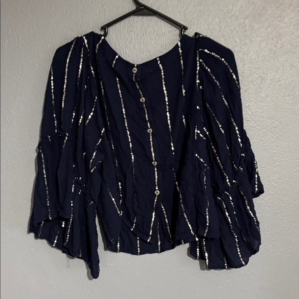Anthropologie Navy Blouse with Silver Sequin Stripes - Picture 6 of 7
